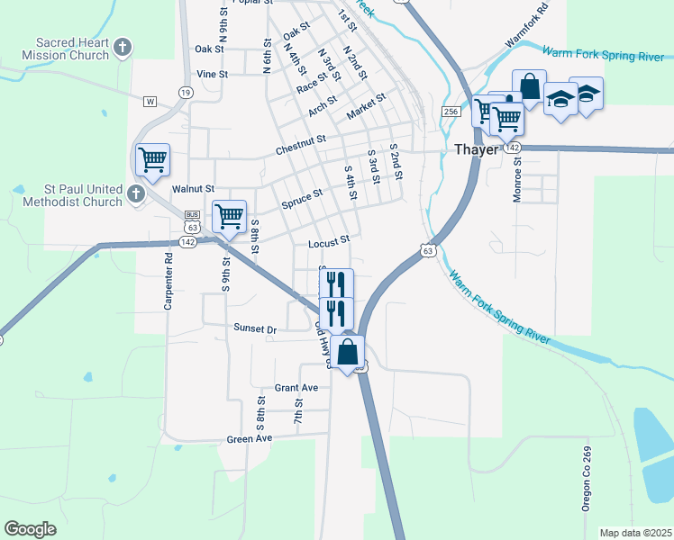 map of restaurants, bars, coffee shops, grocery stores, and more near 550 Ash Street in Thayer