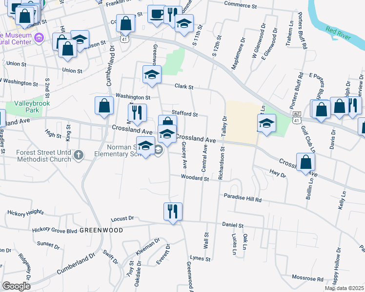 map of restaurants, bars, coffee shops, grocery stores, and more near 715 Greenwood Avenue in Clarksville