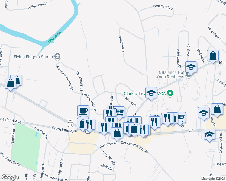 map of restaurants, bars, coffee shops, grocery stores, and more near 1696 Valley Road in Clarksville