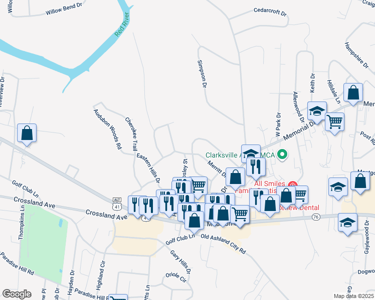 map of restaurants, bars, coffee shops, grocery stores, and more near 1696 Valley Road in Clarksville