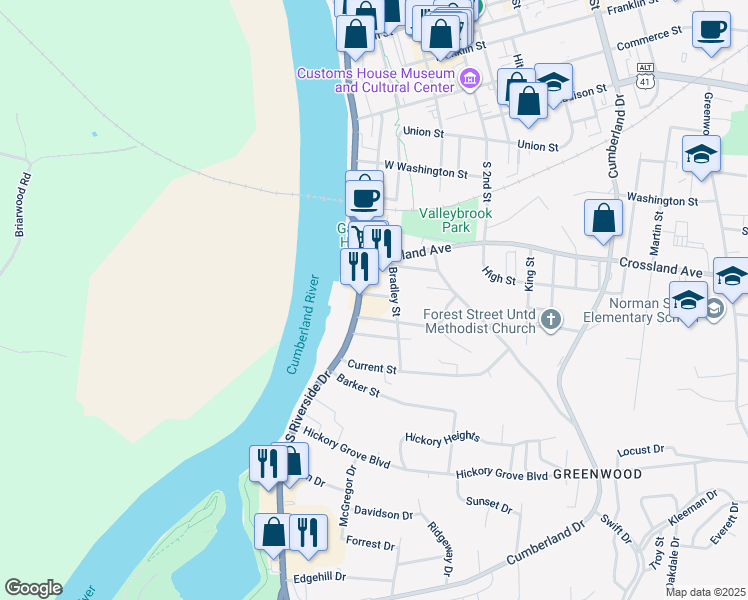 map of restaurants, bars, coffee shops, grocery stores, and more near 701 South Riverside Drive in Clarksville