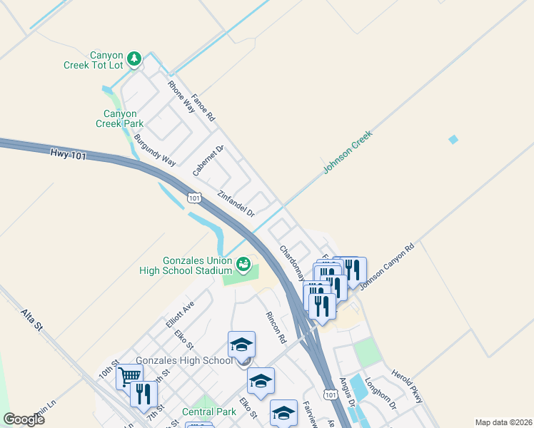map of restaurants, bars, coffee shops, grocery stores, and more near 1009 Zinfandel Drive in Gonzales