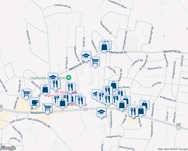 map of restaurants, bars, coffee shops, grocery stores, and more near 325 Landrum Place in Clarksville