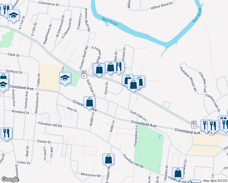 map of restaurants, bars, coffee shops, grocery stores, and more near 324 Willow Heights in Clarksville