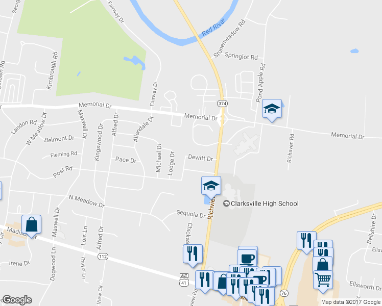 map of restaurants, bars, coffee shops, grocery stores, and more near 2279 Dewitt Drive in Clarksville