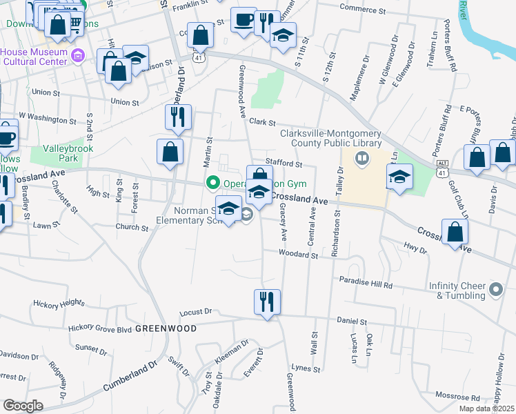 map of restaurants, bars, coffee shops, grocery stores, and more near 740 Greenwood Avenue in Clarksville