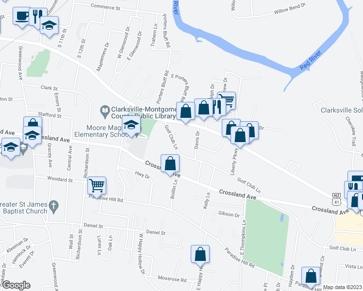map of restaurants, bars, coffee shops, grocery stores, and more near 1443 Golf Club Lane in Clarksville