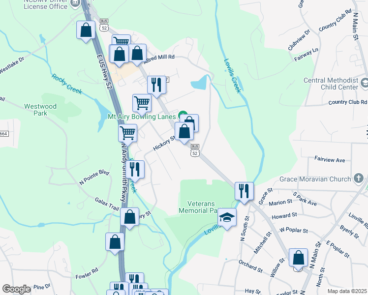map of restaurants, bars, coffee shops, grocery stores, and more near 825 U.S. 52 Business in Mount Airy