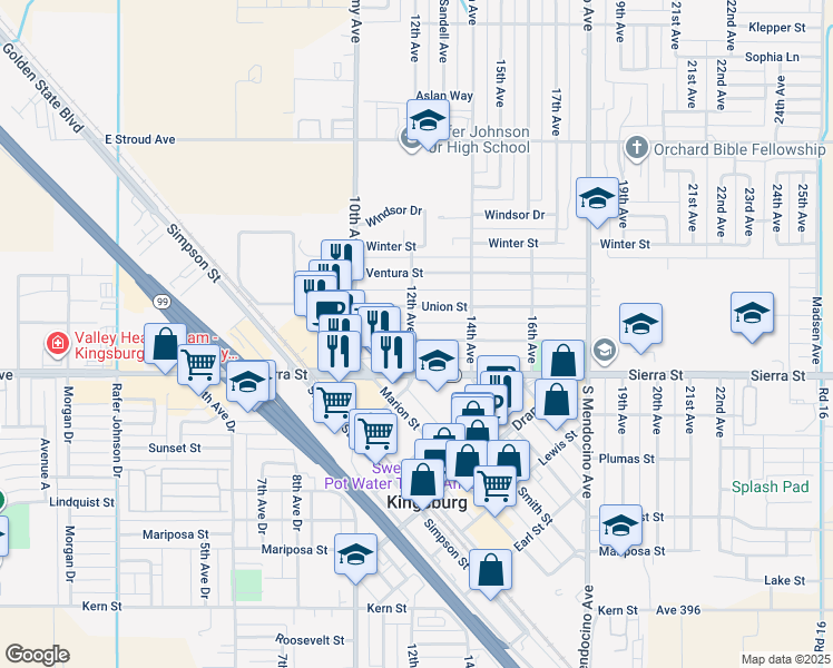 map of restaurants, bars, coffee shops, grocery stores, and more near 2020 12th Avenue in Kingsburg