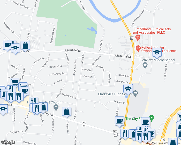 map of restaurants, bars, coffee shops, grocery stores, and more near 2167 Allendale Drive in Clarksville