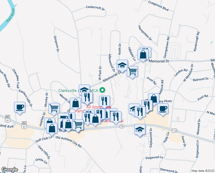 map of restaurants, bars, coffee shops, grocery stores, and more near 1822 Memorial Drive in Clarksville