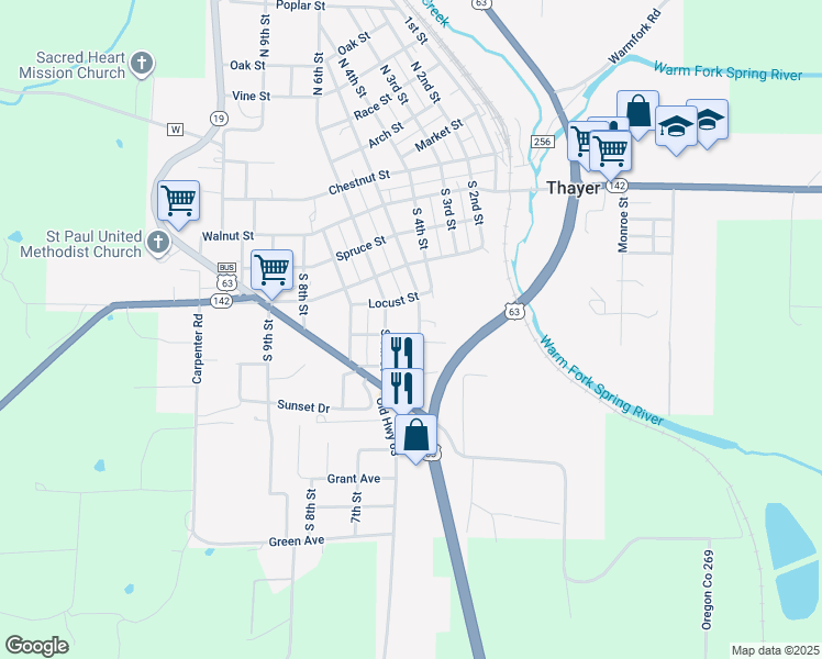map of restaurants, bars, coffee shops, grocery stores, and more near 550-598 Ash Street in Thayer