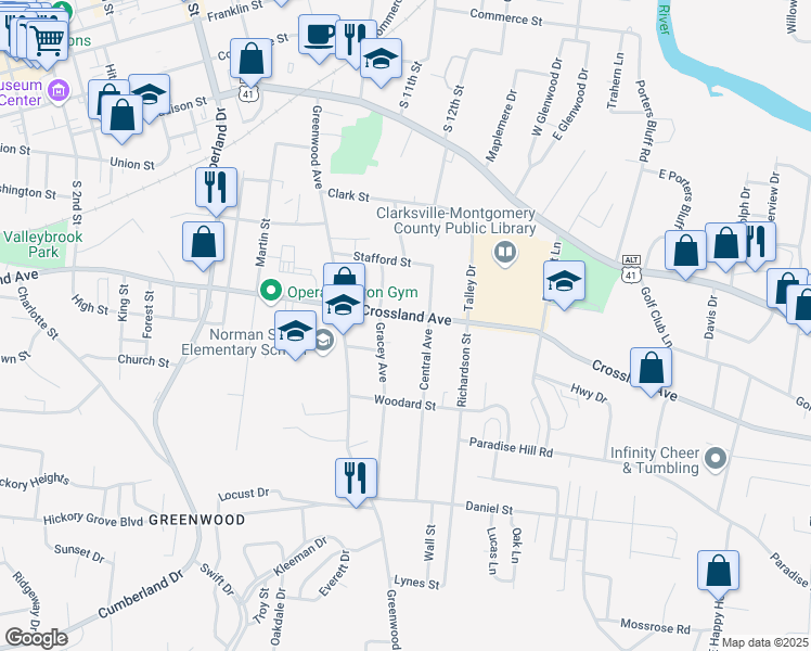 map of restaurants, bars, coffee shops, grocery stores, and more near 701 Gracey Avenue in Clarksville