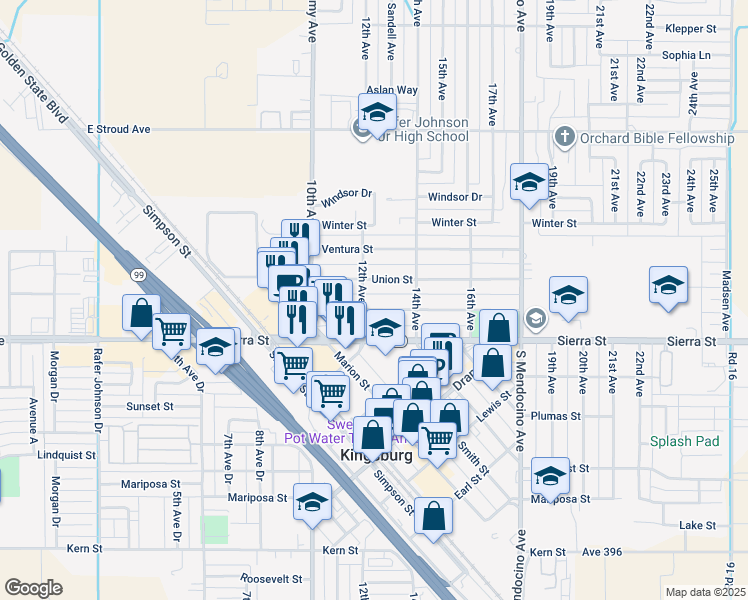 map of restaurants, bars, coffee shops, grocery stores, and more near 2020 12th Avenue in Kingsburg