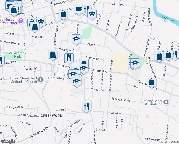 map of restaurants, bars, coffee shops, grocery stores, and more near 715 Greenwood Avenue in Clarksville