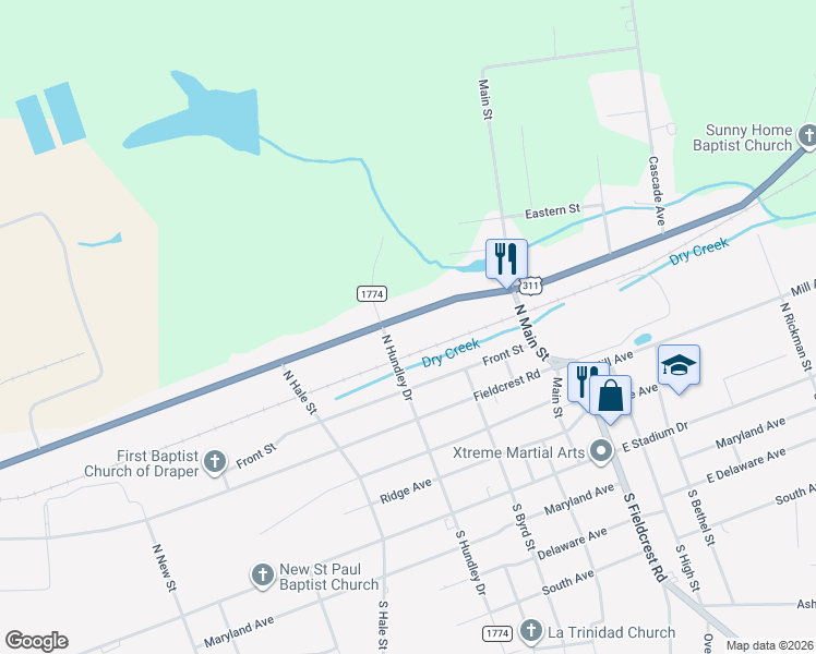 map of restaurants, bars, coffee shops, grocery stores, and more near 1304 East Meadow Road in Eden