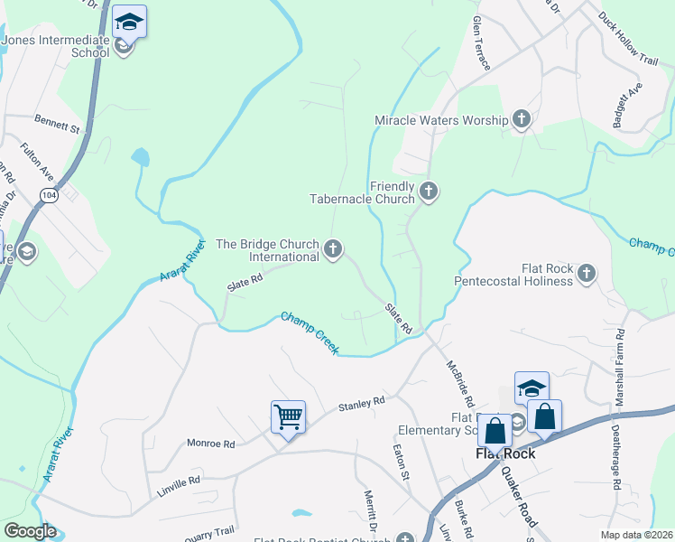 map of restaurants, bars, coffee shops, grocery stores, and more near 574 Slate Road in Mount Airy