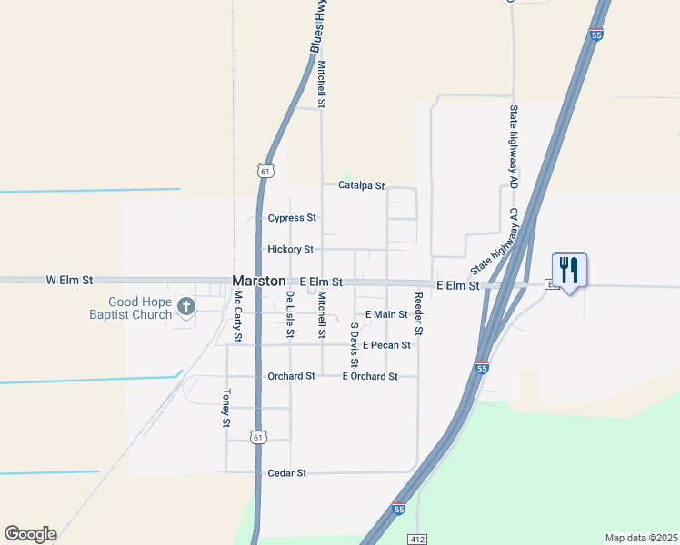map of restaurants, bars, coffee shops, grocery stores, and more near 105 State Highway EE in Marston