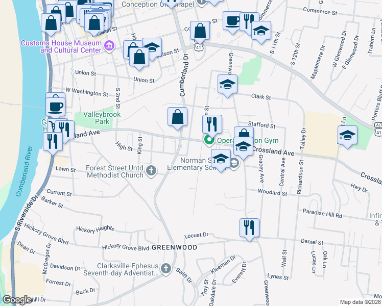 map of restaurants, bars, coffee shops, grocery stores, and more near 802 Martin Street in Clarksville