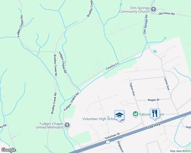 map of restaurants, bars, coffee shops, grocery stores, and more near 148 Country Lane in Surgoinsville