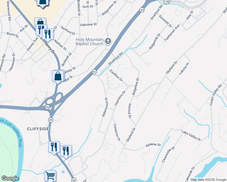 map of restaurants, bars, coffee shops, grocery stores, and more near 3917 Alderwood Drive in Kingsport