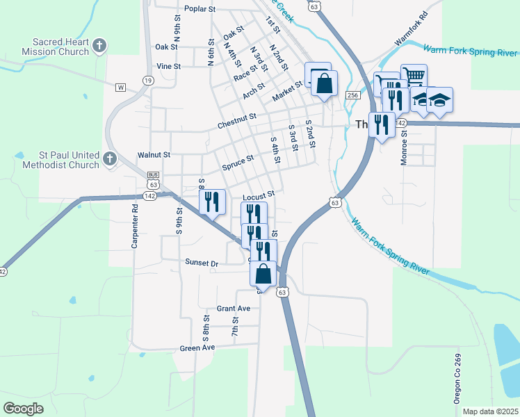 map of restaurants, bars, coffee shops, grocery stores, and more near 550-598 Ash Street in Thayer