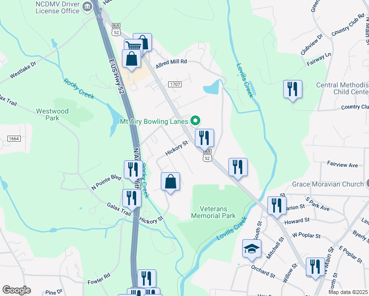 map of restaurants, bars, coffee shops, grocery stores, and more near 825 U.S. 52 Business in Mount Airy