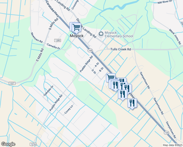 map of restaurants, bars, coffee shops, grocery stores, and more near 140 B St in Currituck