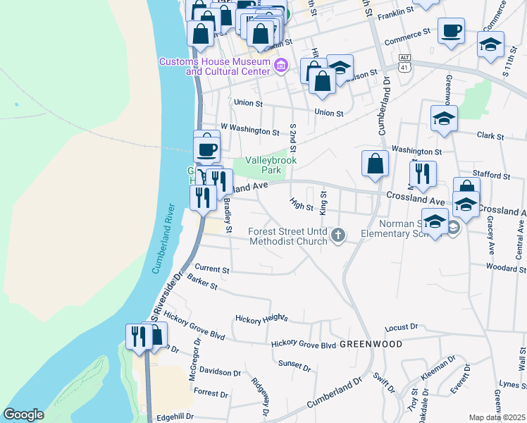 map of restaurants, bars, coffee shops, grocery stores, and more near 136 Blackman Street in Clarksville