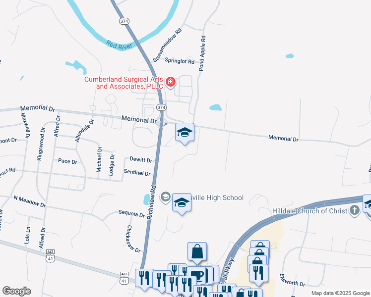 map of restaurants, bars, coffee shops, grocery stores, and more near 2350 Memorial Drive in Clarksville