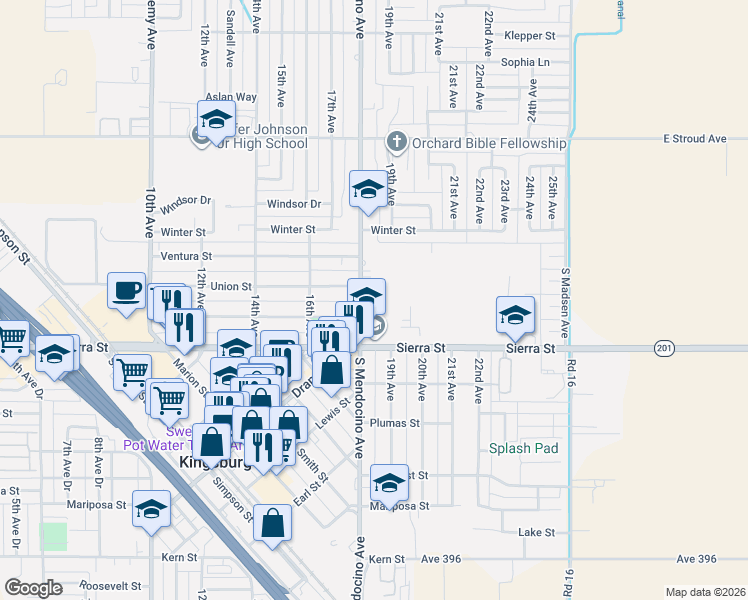 map of restaurants, bars, coffee shops, grocery stores, and more near 1948 18th Avenue in Kingsburg