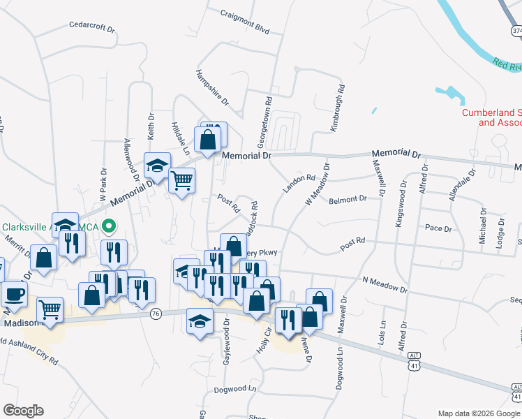 map of restaurants, bars, coffee shops, grocery stores, and more near 215 Paddock Road in Clarksville