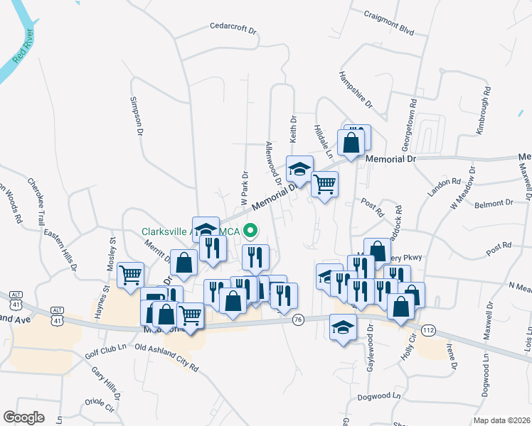 map of restaurants, bars, coffee shops, grocery stores, and more near 8 Magnolia Square in Clarksville