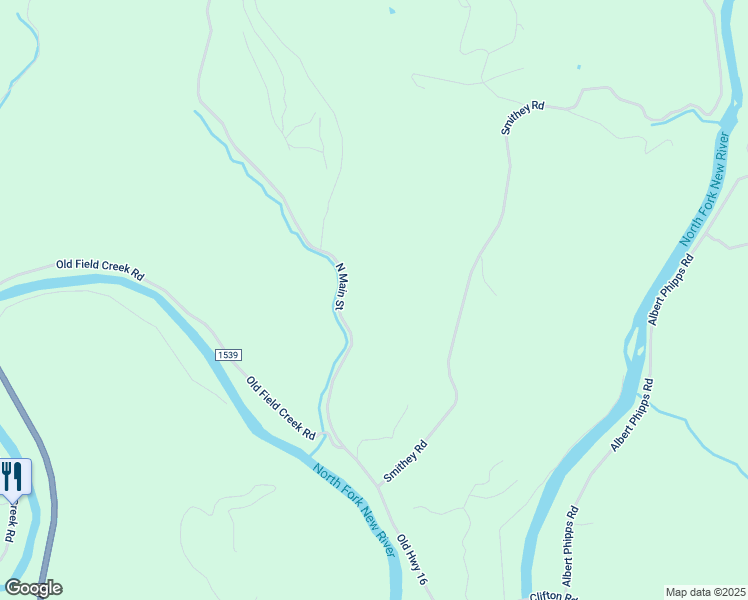 map of restaurants, bars, coffee shops, grocery stores, and more near 10465 North Old North Carolina Highway 16 in Grassy Creek