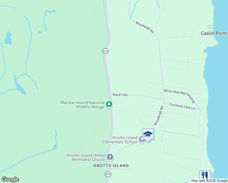 map of restaurants, bars, coffee shops, grocery stores, and more near 177 Ward's Road in Knotts Island
