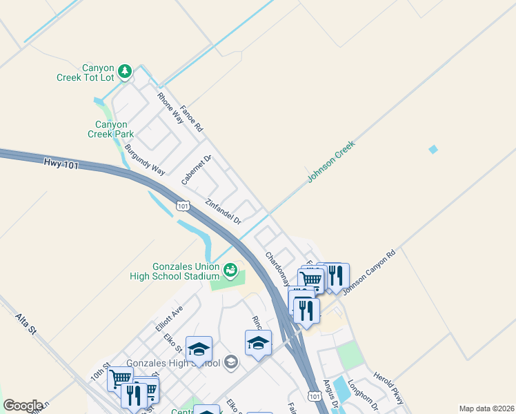map of restaurants, bars, coffee shops, grocery stores, and more near 1009 Zinfandel Drive in Gonzales