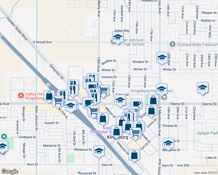 map of restaurants, bars, coffee shops, grocery stores, and more near 1140 Union Street in Kingsburg