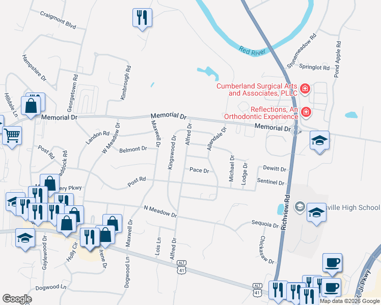 map of restaurants, bars, coffee shops, grocery stores, and more near 223 Alfred Drive in Clarksville