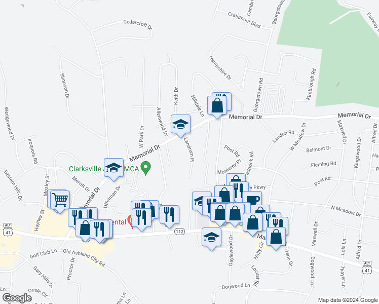 map of restaurants, bars, coffee shops, grocery stores, and more near 1844 Memorial Drive in Clarksville