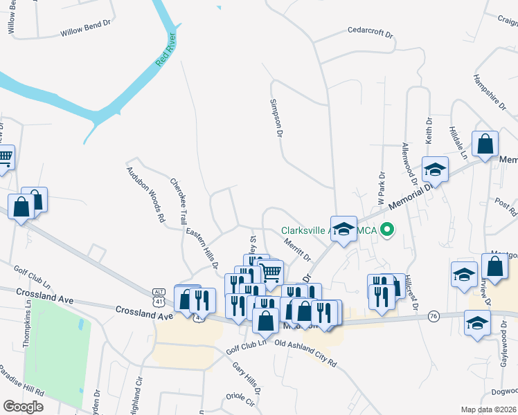 map of restaurants, bars, coffee shops, grocery stores, and more near 1686 Valley Road in Clarksville