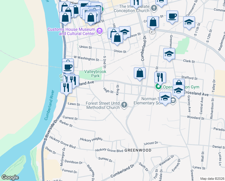 map of restaurants, bars, coffee shops, grocery stores, and more near 710 Perkins Avenue in Clarksville