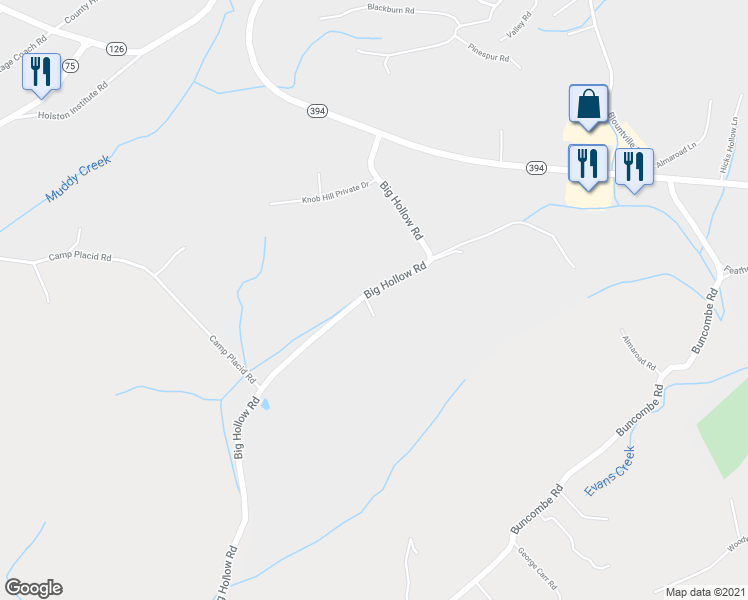 map of restaurants, bars, coffee shops, grocery stores, and more near 743 Big Hollow Road in Blountville