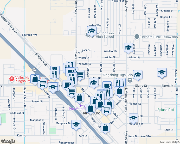 map of restaurants, bars, coffee shops, grocery stores, and more near 1200 Union Street in Kingsburg