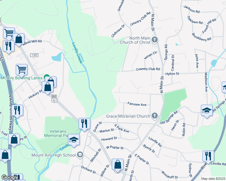 map of restaurants, bars, coffee shops, grocery stores, and more near 354 West Oakdale Street in Mount Airy
