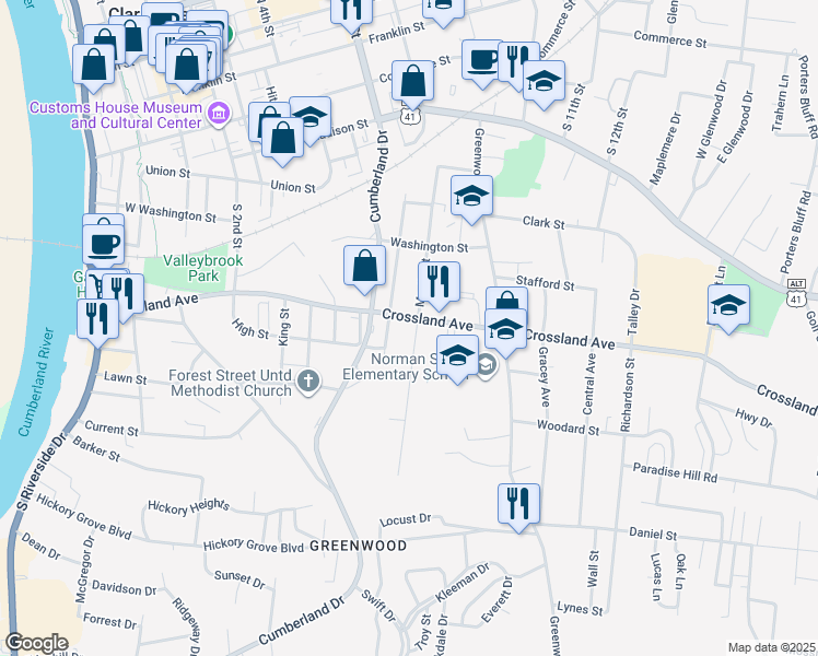 map of restaurants, bars, coffee shops, grocery stores, and more near 736 Martin Street in Clarksville