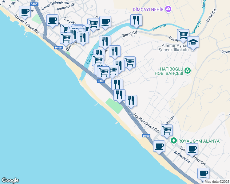 map of restaurants, bars, coffee shops, grocery stores, and more near 4/a Reis Sokak in Alanya