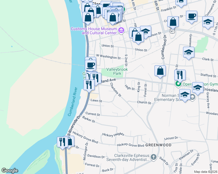 map of restaurants, bars, coffee shops, grocery stores, and more near 69 West High Street in Clarksville