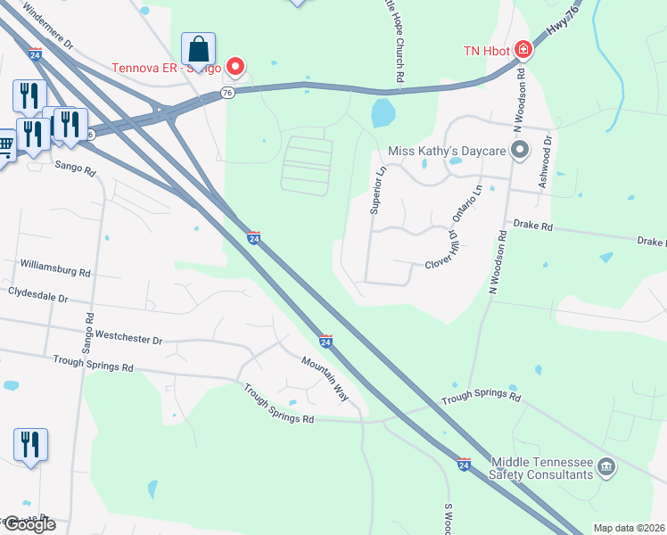 map of restaurants, bars, coffee shops, grocery stores, and more near 740 Lillian Grace Drive in Clarksville