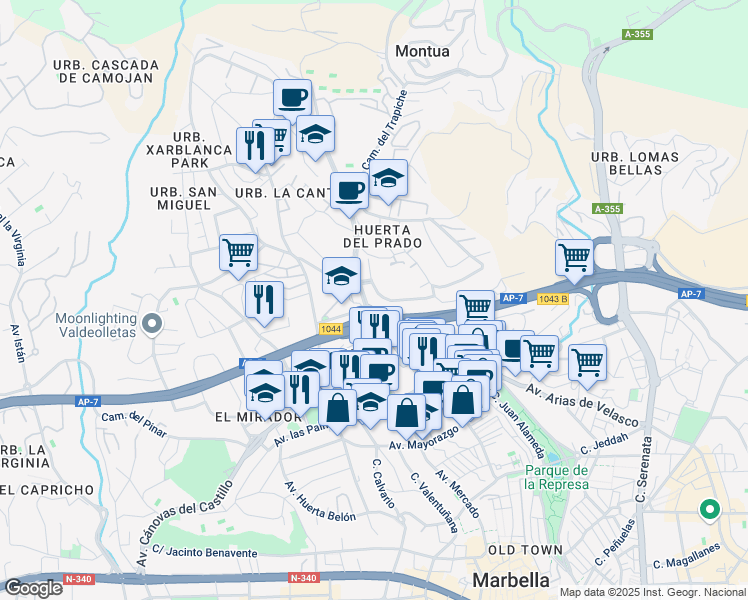 map of restaurants, bars, coffee shops, grocery stores, and more near 3 Avenida de la Florida in Marbella