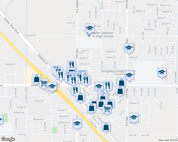 map of restaurants, bars, coffee shops, grocery stores, and more near 2098 12th Avenue in Kingsburg